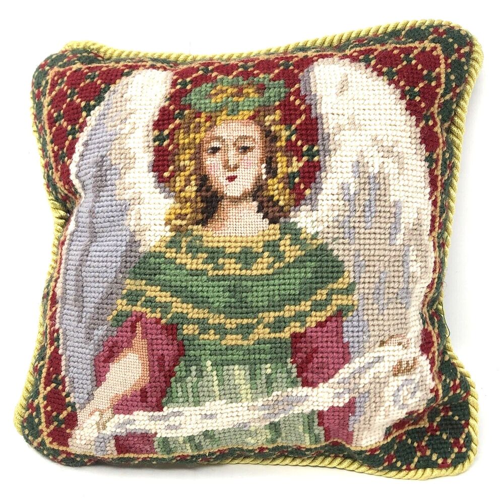 Vintage Victorian Angel Handmade Wool Needlepoint Pillow  9” Green Velvet Back
